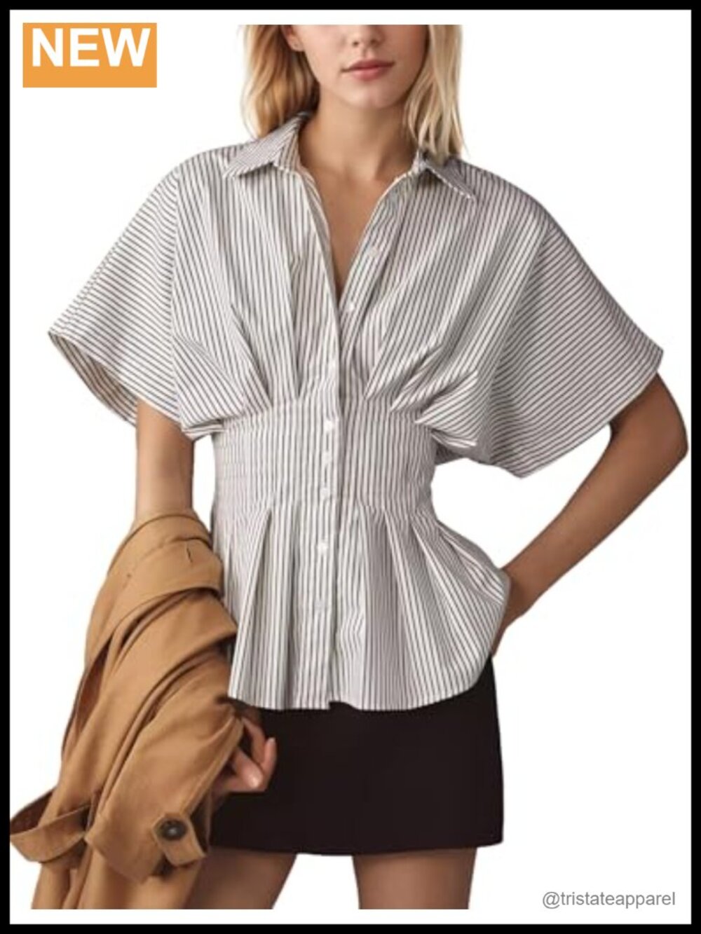 Women's Striped Peplum Blouse Business Casual Short Sleeve